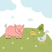 Farm landscape with pig, chickens and goose vector