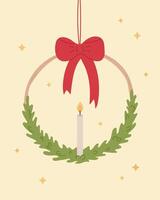 Fir tree wreath with candle, red bow and ribbons vector