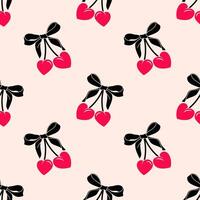 Seamless heart cherry pattern with bow. Ballet, coquette core background design. vector