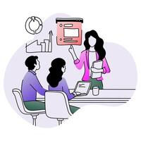 Professional female leader managing a hybrid team discussion, combining virtual and in-person participants effectively vector