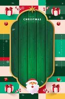 Merry Christmas sign banner green wood frame with empty space and festive decoration on abstract background vector