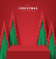 Merry Christmas banner with product display table and Artificial Christmas Trees backdrop vector