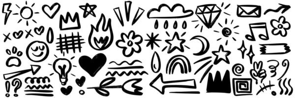 Bold brush Hand drawn doodle style collection of heart, scribble, star, check mark, spirals, sparkles, lightning, and emphasis element. use for concept design. vector