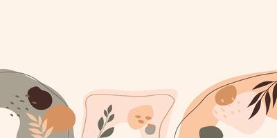 Modern banner with organic shapes and leaves art at bottom edge. Nature trendy minimal background for prints, banner, presentation, poster, wall art vector