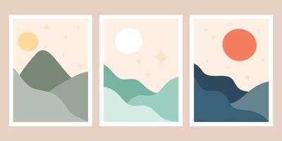 Abstract wall art posters with mid century mountains art. Minimal trendy creative backgrounds in modern style. Abstract prints with organic hills shapes and moon vector