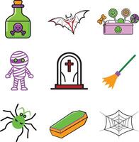 Halloween elements bundle and Halloween Scary character icon set mummy, coffin, grave, broom, web, candy, bat and spider illustration isolated on white vector