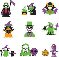 Halloween Scary Character Icon Set - Reaper, Witch, Skull, Ghost, Bat, Pumpkin, Mummy and Skeletons on white background. vector