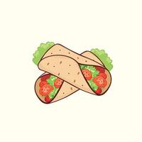 A cartoon illustration of a burrito with lettuce and tomatoes vector