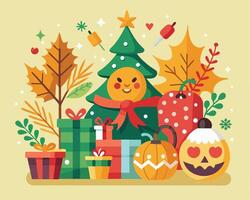A christmas card with a pumpkin, tree, and presents vector