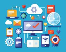 The concept of cloud computing is shown with icons vector