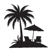 Silhouette of Palm Trees on a Beach with Chair and Umbrella vector