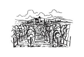 a drawing of a farm with a house in the background vector