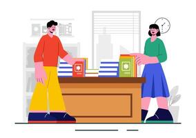 Bookstore and Library Design Showcasing Study Desks and a Cashier Counter vector
