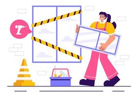 Flat Design of a Worker Fixing Windows and Doors for Home Construction Services vector