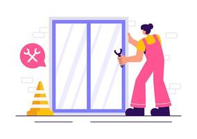 Home Renovation Illustration Showing Worker Installing Windows and Doors in Flat Design vector