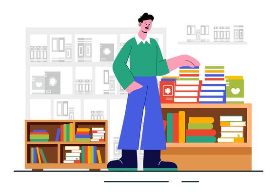 Bookstore Illustration Showing Reading Spaces and Literature Collection