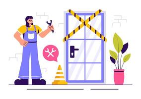 Home Repair and Renovation Worker Installing Windows and Doors in a Cartoon Style vector