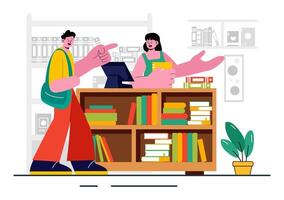 School Library Illustration Featuring Bookshelves, Study Desks, and a Cashier for Reading and Learning vector