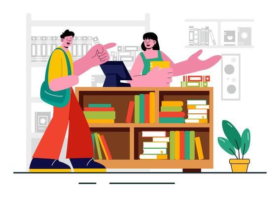 School Library Illustration Featuring Bookshelves, Study Desks, and a Cashier for Reading and Learning
