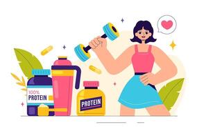 Healthy Protein Supplements Illustration with Fitness Elements and Nutritional Support vector