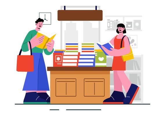 School Library Illustration with Bookshelves, Tables, and Education Themes