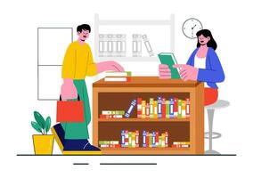 Library Room Illustration Highlighting Literature, Self-Development, and Study Spaces vector
