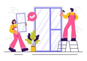 Cartoon Style Illustration of a Worker Installing Doors and Windows for Home Repair Projects vector