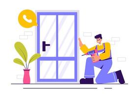 Professional Windows and Doors Installation Service Illustration with Worker Using Tools in a Cartoon Style vector
