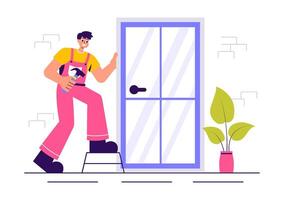 Windows and Doors Installation Worker Illustration for Home Improvement Projects vector