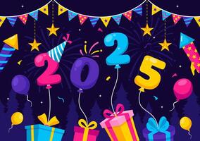 New Year 2025 Celebration Art with Trumpets, Confetti, and Colorful Fireworks in a Festive Flat Design vector