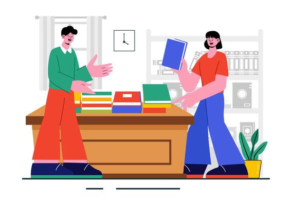 Illustration of a Bookstore Interior with a Cashier, Reading Area, and Educational Bookshelves