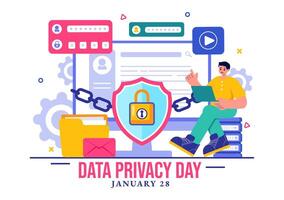 Secure Data Illustration with Lock Symbol and Protected Documents in a Flat Cartoon Background vector