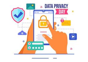 Digital Data Privacy Illustration with a Lock and Shield in a Flat Cartoon Design vector