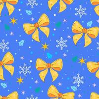 Seamless Pattern with Golden Bows, Snowflakes, and Holly on a Blue Background. Holiday repeatable design perfect for print, wrapping paper, textiles. vector
