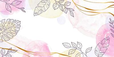 Floral Background with Watercolor Splashes Drops and Golden Lines. Elegant abstract foliage design with hand painted watercolor texture vector
