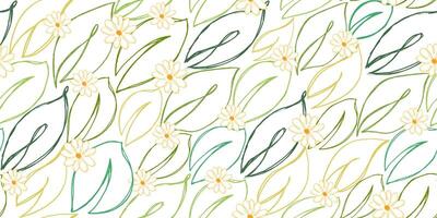 Doodle Seamless Pattern with Leaves and Flowers. Retro plants drawn with pencil. Artistic sketch of vegetation. vector