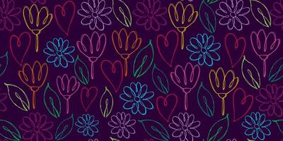 Colorful Seamless Pattern with Flowers, Leaves and Hearts with Grunge Effect. Retro herbs drawn with pencil. Artistic sketch of plants and herbs vector