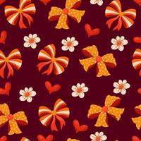 Seamless Pattern with Cartoon Bows and Flowers on a Dark Red Background. Repeated pattern design perfect for print, cards, banners, wrapping paper, fabric vector