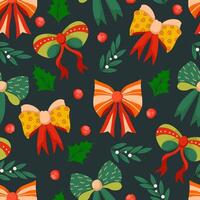Christmas Seamless Pattern with Colorful Bows, Holly, and Berries on a Dark Green Background. Repeated holiday pattern design perfect for print, cards, banners, wrapping paper, fabric. vector