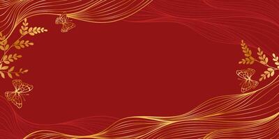 Abstract Luxury Red Background with Gold Line Waves and Botanical Branches. Japanese banner with golden sea waves with plants and leaves. Wedding card vector