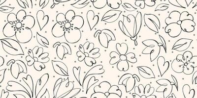 Floral Seamless Pattern with Grunge Effect. Retro herbs drawn with pencil. Artistic sketch of plants and herbs vector