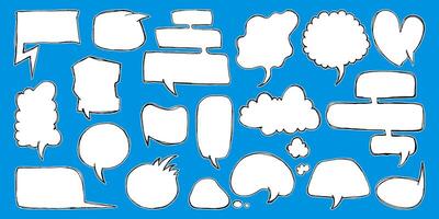 Chat Bubbles in Cartoon Comic Book Style. Speech chatting boxes drawn with pencil. Abstract and simple figures. Irregular dynamic shapes. Modern asymmetric sketch spots vector