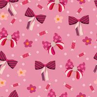 Seamless Pattern with Cute Bows in Hand Drawn Style with Doodle Flowers and Candy on a Pink Background. Repeated pattern design perfect for print, cards, banners, wrapping paper, fabric vector