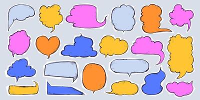Retro Multicolored Chat Bubbles in Cartoon Style with Halftone. Speech chatting boxes with vibrant colors and grunge texture. Abstract and simple figures. Irregular dynamic shapes. vector