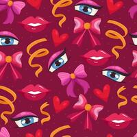 Seamless Pattern with Bows, Ribbons, Hearts, Lips and Eyes on a Pink Background. Repeated pattern design perfect for Valentine's Day, print, cards, banners, wrapping paper, fabric vector