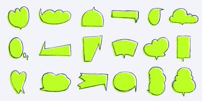 Retro Green Chat Bubbles in Cartoon Style. Speech chatting boxes with vibrant colors and grunge texture. Abstract and simple figures. Irregular dynamic shapes. Modern asymmetric sketch spots vector