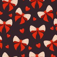 Elegant Seamless Pattern with Red Ribbons and Hearts in Hand Drawn Style. Repeated pattern design perfect for print, cards, banners, wrapping paper, fabric vector