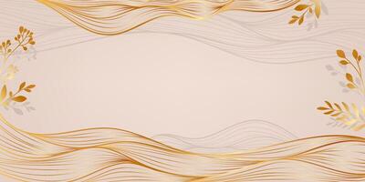 Abstract Luxury Background with Gold Line Waves and Botanical Branches. Japanese banner with golden sea waves with plants and leaves. Wedding card vector