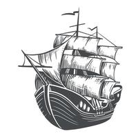 Ship sketch. Sailboat with raised sails. illustration in engraving style isolated on white background. Sea vessel for retro design. vector