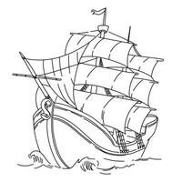 Ship sketch. Sailboat with raised sails sailing on the waves. ink illustration isolated on white background. Sea vessel for retro style design. vector